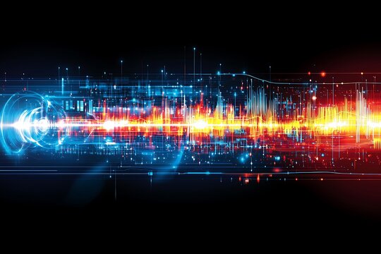 Dynamic digital data stream with vibrant glowing graphical elements.