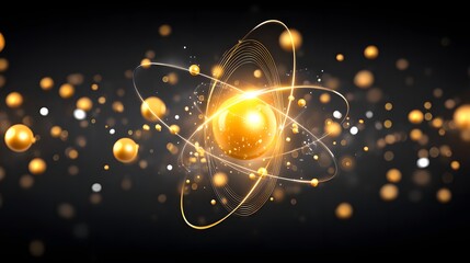 Obraz premium A dynamic, conceptual artistic rendering of an atom, radiating with golden light, symbolizes the core principles of science and the fundamental building blocks of matter. 