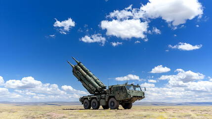 Military Missile Launcher On Desert Landscape Under Sunny Sky
