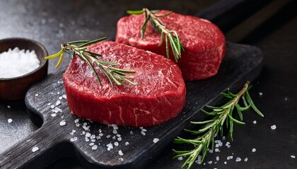 Raw beef filet mignon steaks with rosemary pepper and salt on dark rustic board