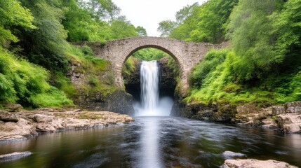 Stone Bridge Waterfall Lush Greenery Scenic Landscape Long Exposure Wide Angle View Water Flowing Tranquil Riverbank Cool Serene Tones Tourism Brochure