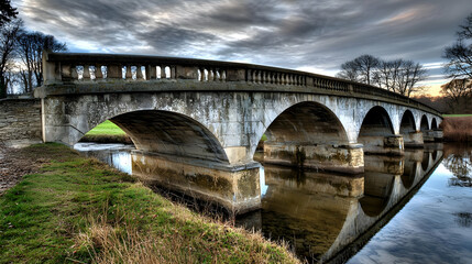Fototapeta premium Aged Stone Arch Bridge Over Calm River at Sunset