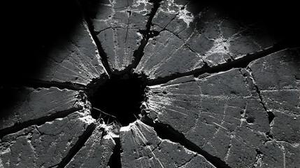Dramatic black and white image of a large hole in cracked concrete, radiating cracks, high contrast lighting.