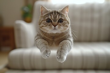 Playful british shorthair cat mid-leap, appearing to defy gravity.