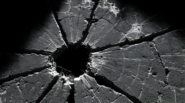 Dramatic black and white image of a large hole in cracked concrete, radiating cracks, high contrast lighting.