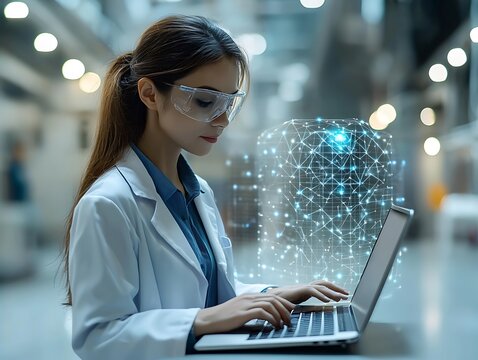 Focused scientist utilizes a laptop in a modern industrial setting.