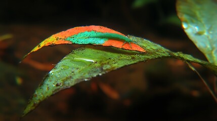 Colorful shrimp camouflaged on rainforest leaves.