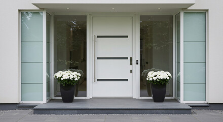 Modern White Front Door with Frosted Glass and Contemporary Entryway Design

