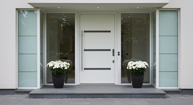 Modern White Front Door with Frosted Glass and Contemporary Entryway Design
