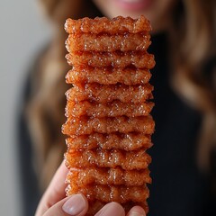 Stacked, sugared, and crispy rice snacks held in a hand.