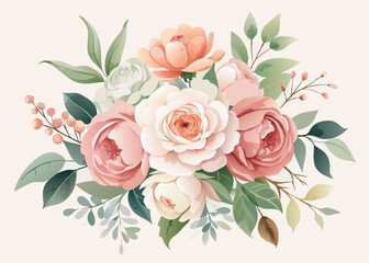 Watercolor painting of a floral bouquet with pink and white roses and green leaves arranged beautifully