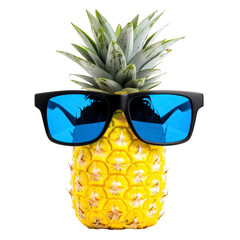 pineapple wearing stylish blue sunglasses exudes fun and quirky vibe, perfect for summer themes or creative concepts. vibrant yellow fruit contrasts with cool blue lenses, adding playful touch