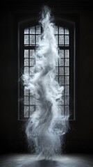A swirling cloud of fine particles against a window.