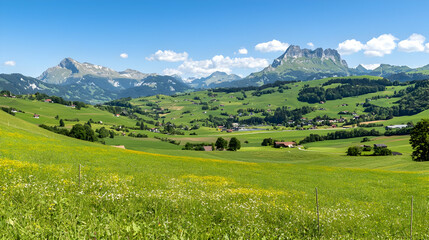 Obraz premium Swiss Valley Landscape With Green Meadow And Mountains