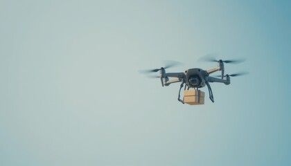 Drone Delivering a Package Through Clear Skies in a Modern Urban Setting