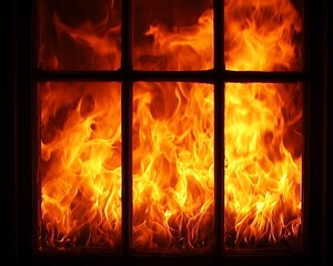 Fiery flames burning brightly through a window.