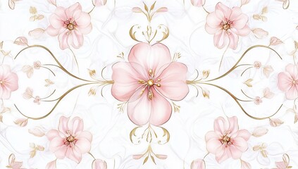 Elegant pink floral pattern on white marble background.