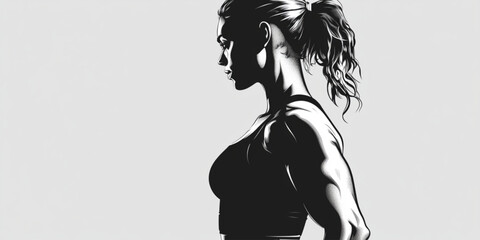 Fototapeta premium Profile view of muscular woman with ponytail in black and white illustration