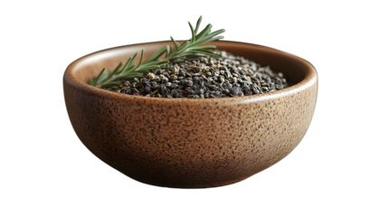A rustic bowl filled with dried herbs and a fresh sprig perfect for culinary or aromatic uses