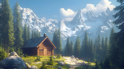 A peaceful mountain cabin surrounded by towering pine trees and a clear blue sky