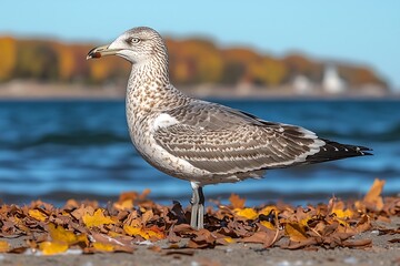 Obraz premium Gray-backed Gull standing on autumnal shoreline.