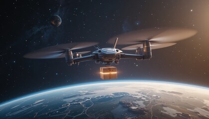 Obraz premium Drone Flying Above Earth Transporting Cargo in a Futuristic Space Setting