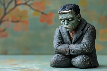 Melancholy monster figurine sits amidst autumnal scene.
