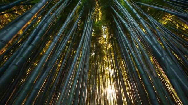Tranquil Bamboo Forest Capturing Light Through Lush Greenery  