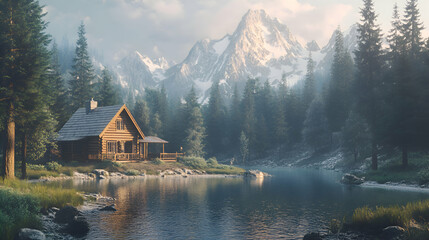 Fototapeta premium A peaceful mountain retreat with a log cabin nestled among pine trees, overlooking a serene lake