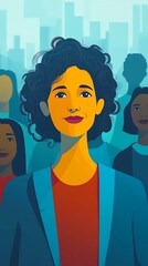 A vibrant illustration of a woman amidst a crowd.