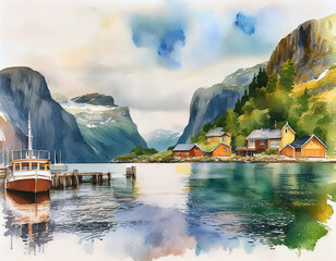 A watercolor of a Norwegian Fjord during Summer
