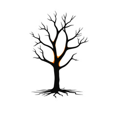 Fototapeta premium simple illustration of leafless tree with dark branches and roots, highlighted by subtle orange glow, creating stark and artistic contrast against background