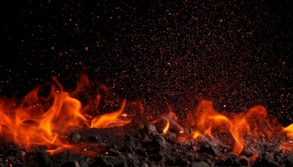 Floating ash and burning ember particles suspended in black space