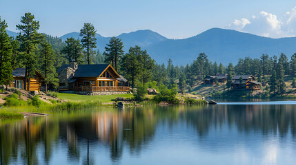 Fototapeta premium A peaceful mountain retreat with a log cabin nestled among pine trees, overlooking a serene lake