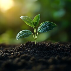 Sunlight illuminates a new sprout emerging from rich earth.