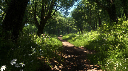 Sunlit Path Through Lush Forest