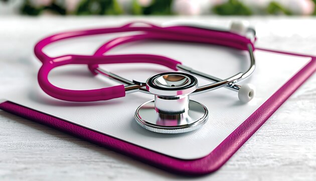Pink stethoscope rests on a medical clipboard.