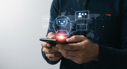 Business concept images, clear concept, valuable images  person using smartphone with chatbot interface and speech bubbles overlayed on the screen display