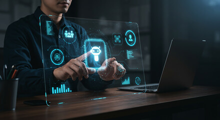 Business concept images, clear concept, valuable images  man interacting with a futuristic transparent screen displaying ai and data visualizations on a desk