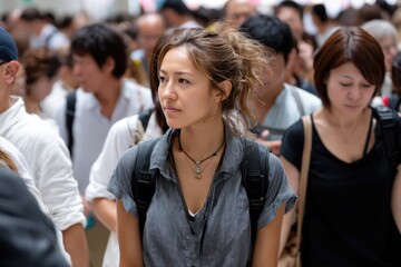 Fototapeta premium A confident woman walks through an urban crowd, embodying strength and determination, illustrating the balance between individuality and community in a vibrant city life.