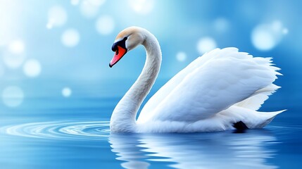 Obraz premium Graceful swan gliding on tranquil blue water.