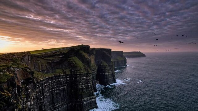 Sunset over Cliffs of Moher with dramatic sky and ocean background  