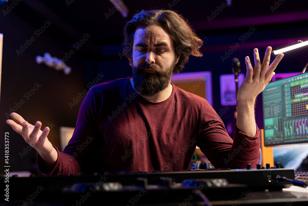 Poster Musician feeling clueless and uncertain while he plays piano notes, trying new midi controller combinations to compose a song. Artist shrugging and being unsure about his song verses.