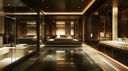 Obraz premium Luxurious modern bathroom interior design, featuring dark wood, marble, and glass. Elegant soaking tub and double vanity.
