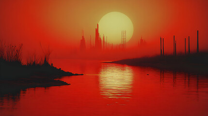 Fototapeta premium A surreal, red-hued sunset over a calm river, with a distant, hazy cityscape silhouetted against the vibrant sky. The scene evokes a sense of mystery and perhaps a dystopian future.