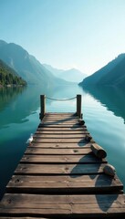 Old wooden dock extends over still lake water, calm, dock