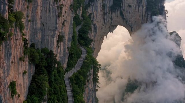 Majestic Tianmen Mountain Arch Surrounded by Mystical Clouds  