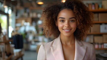 Fototapeta premium Happy female seller using digital tablet for stock management, shipping confirmation, and supply chain operations in modern fashion workspace 