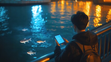Nighttime Cityscape: Person Viewing Fish with Tablet, Serene Blue-Orange Hues