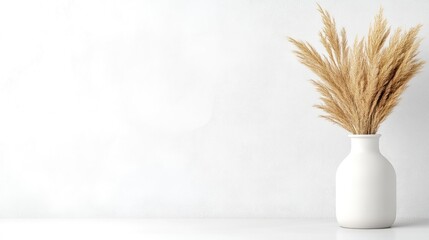 A white vase filled with dried pampas grass on a minimalistic white surface, elegant and natural home decor arrangement, and simple and serene composition.